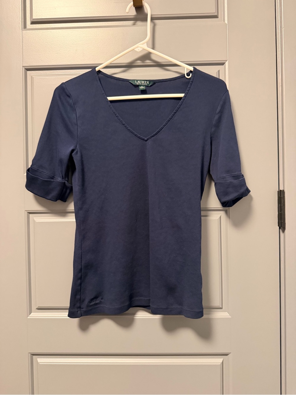 Lauren Ralph Lauren Stretch Cotton Elbow-Sleeve V-Neck Tee MEDIUM